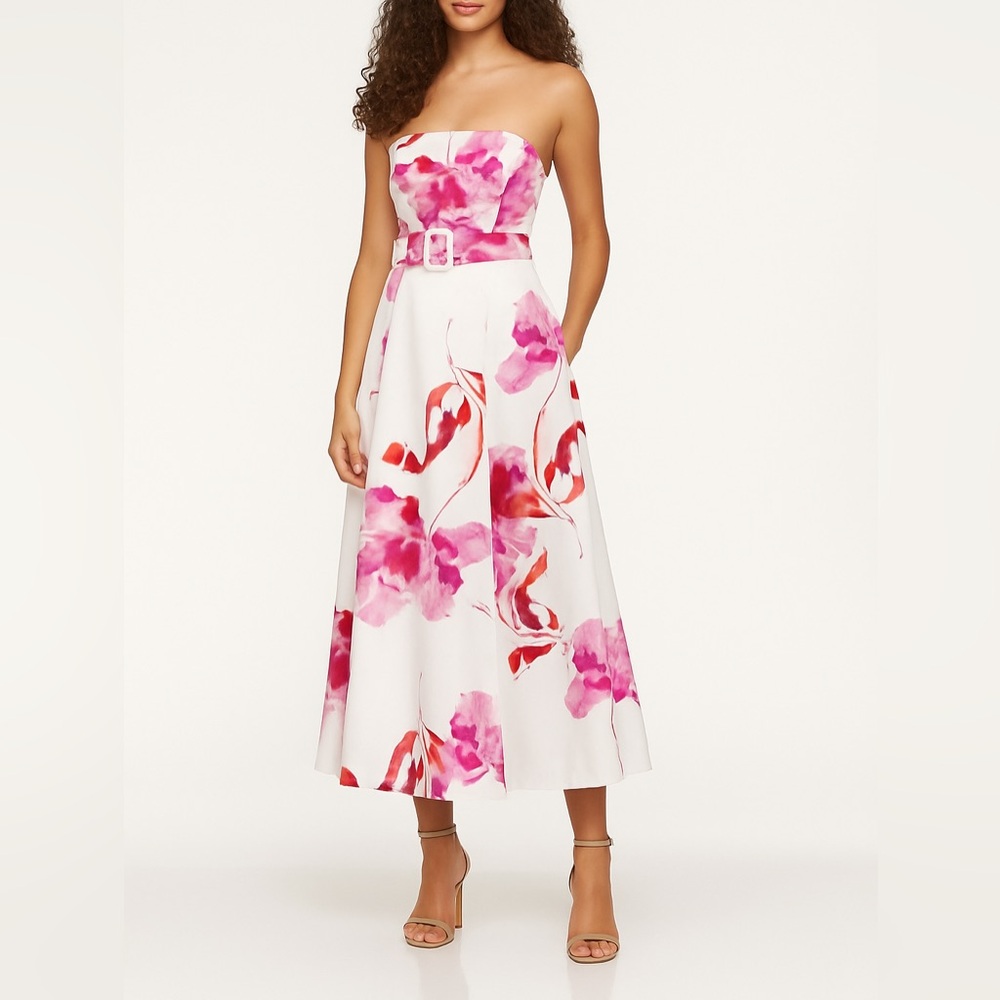 New NICHOLAS IVORY FLORAL Linen Blend Sia Strapless Midi Dress sz 2